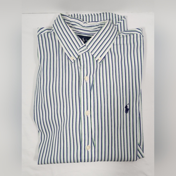 VTG Polo Ralph Lauren Custom Fit Shirt Mens 16 1/2 33/35 Striped Green White Blu - Picture 13 of 13